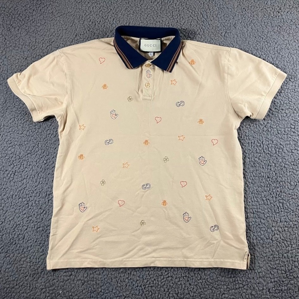 Gucci Mens Embroidered Bee Star Heart GG Logo Polo Shirt Beige Navy XL Fits M/L